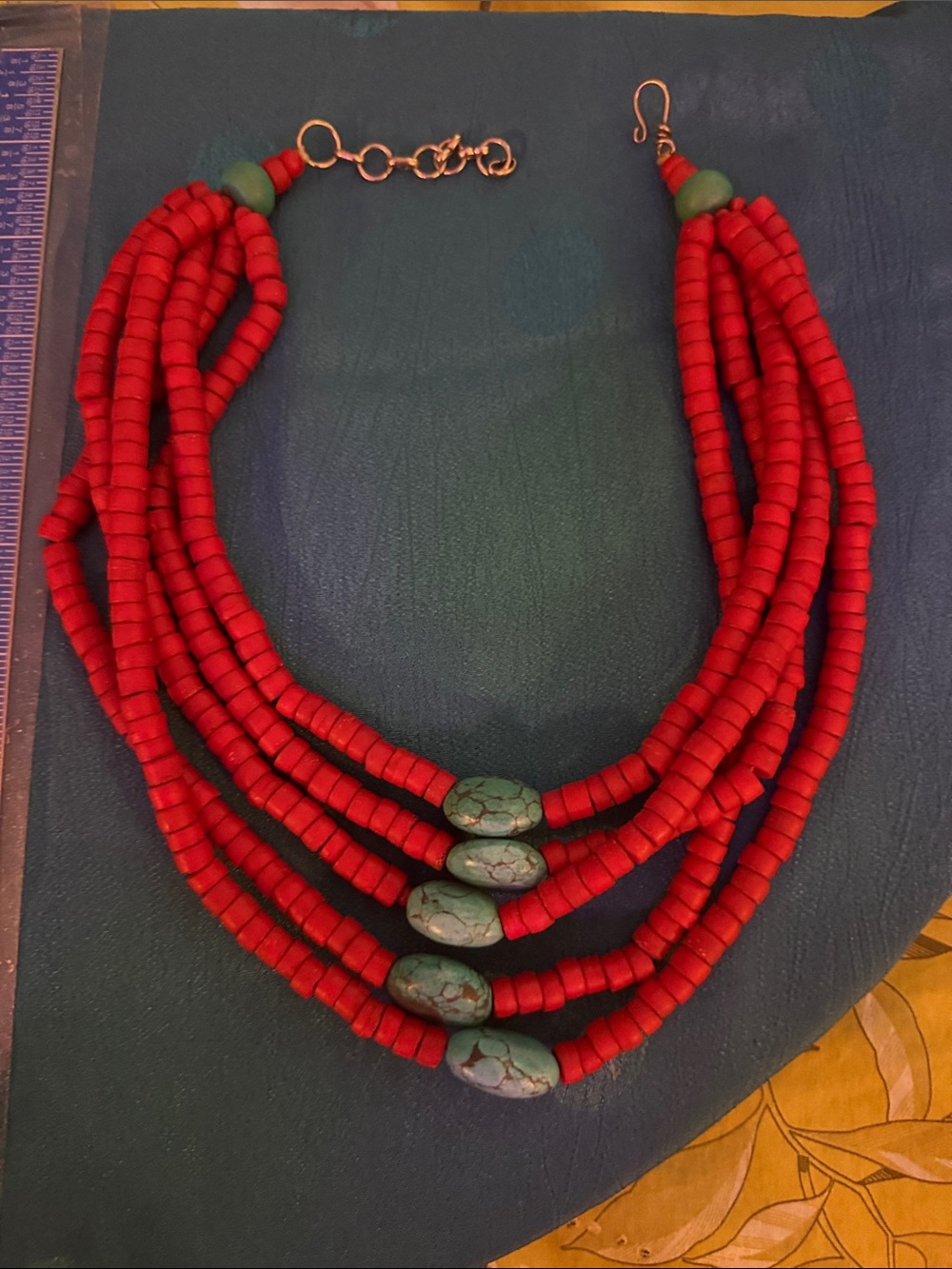 Handmade Red Beaded Necklace with Turquoise Accents